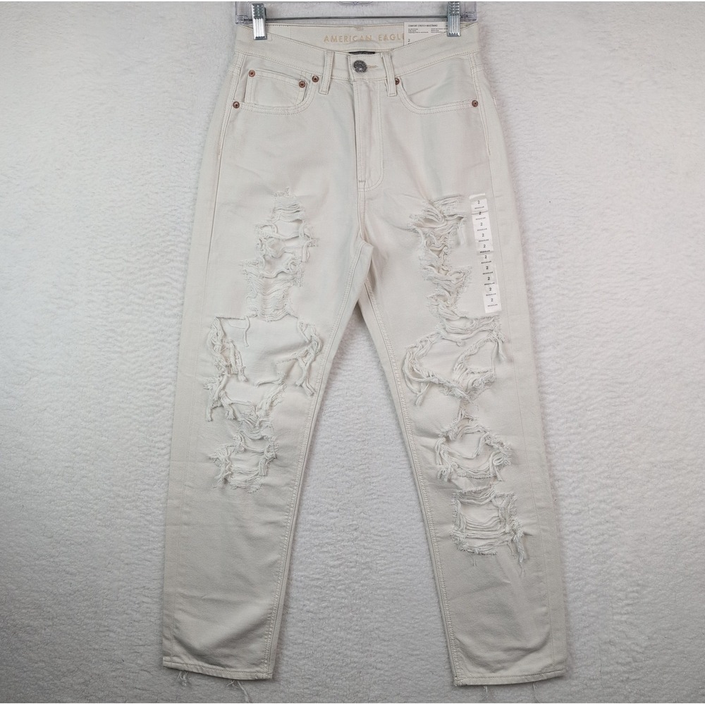 NWT American Eagle‎ 90s Boyfriend Jeans Women's Sz 2 White Distressed Ripped